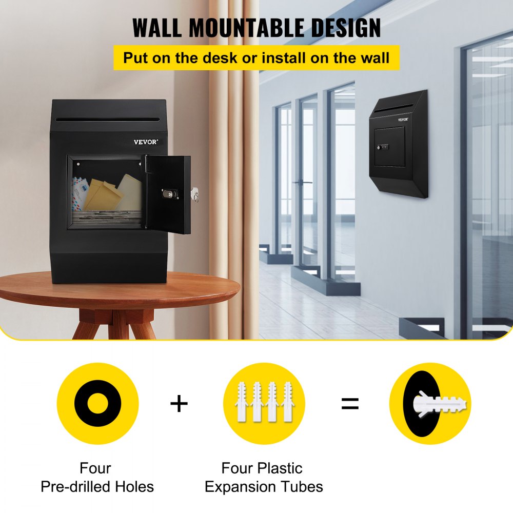 VEVOR Ideeënbus Donatiebus Staal 41x25,5x10cm Stembus met combinatieslot Zwart