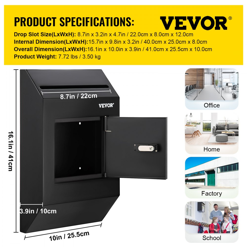 VEVOR Ideeënbus Donatiebus Staal 41x25,5x10cm Stembus met combinatieslot Zwart