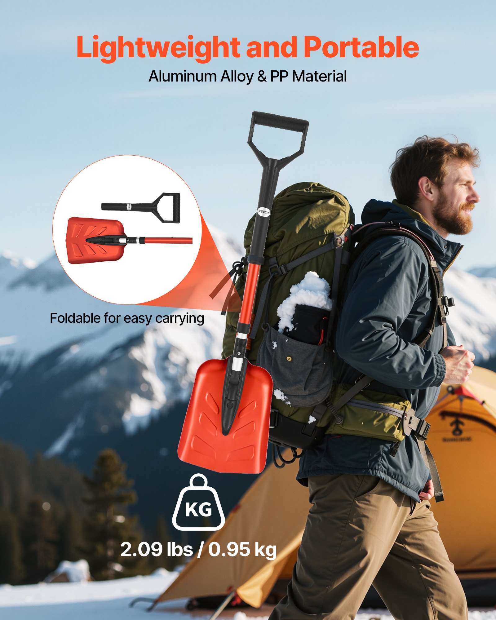 VEVOR Sneeuwschuiver, 22 cm sneeuwruimer met D-vormige handgreep, sneeuwschuiver 910-1020 mm, sneeuwschuiver, sneeuwkrabber, sneeuwruimgereedschap van aluminiumlegering voor tuin, auto, camping