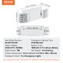 VEVOR noodverlichting met afmetingen, vermogensgegevens, batterijtype en modelinformatie voor veilig gebruik.