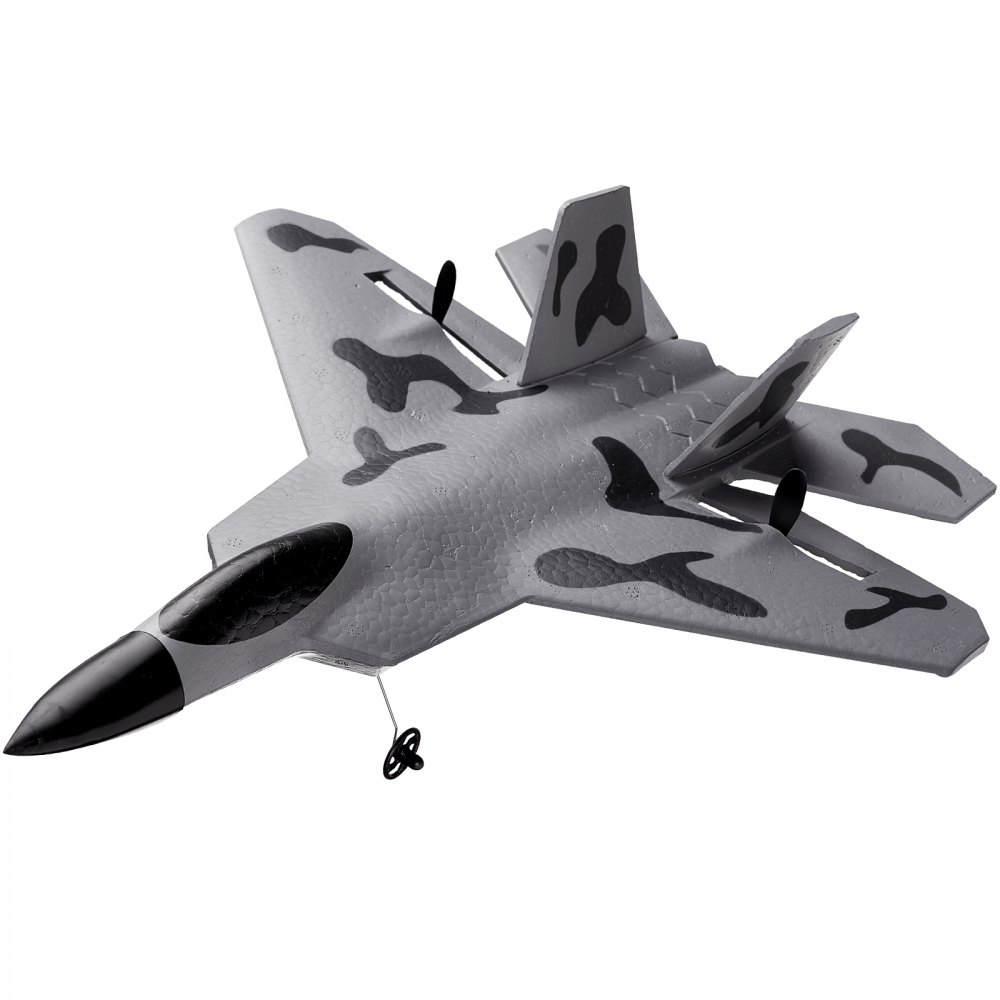 gray VEVOR rc airplane with black camo patterns and dual propellers.