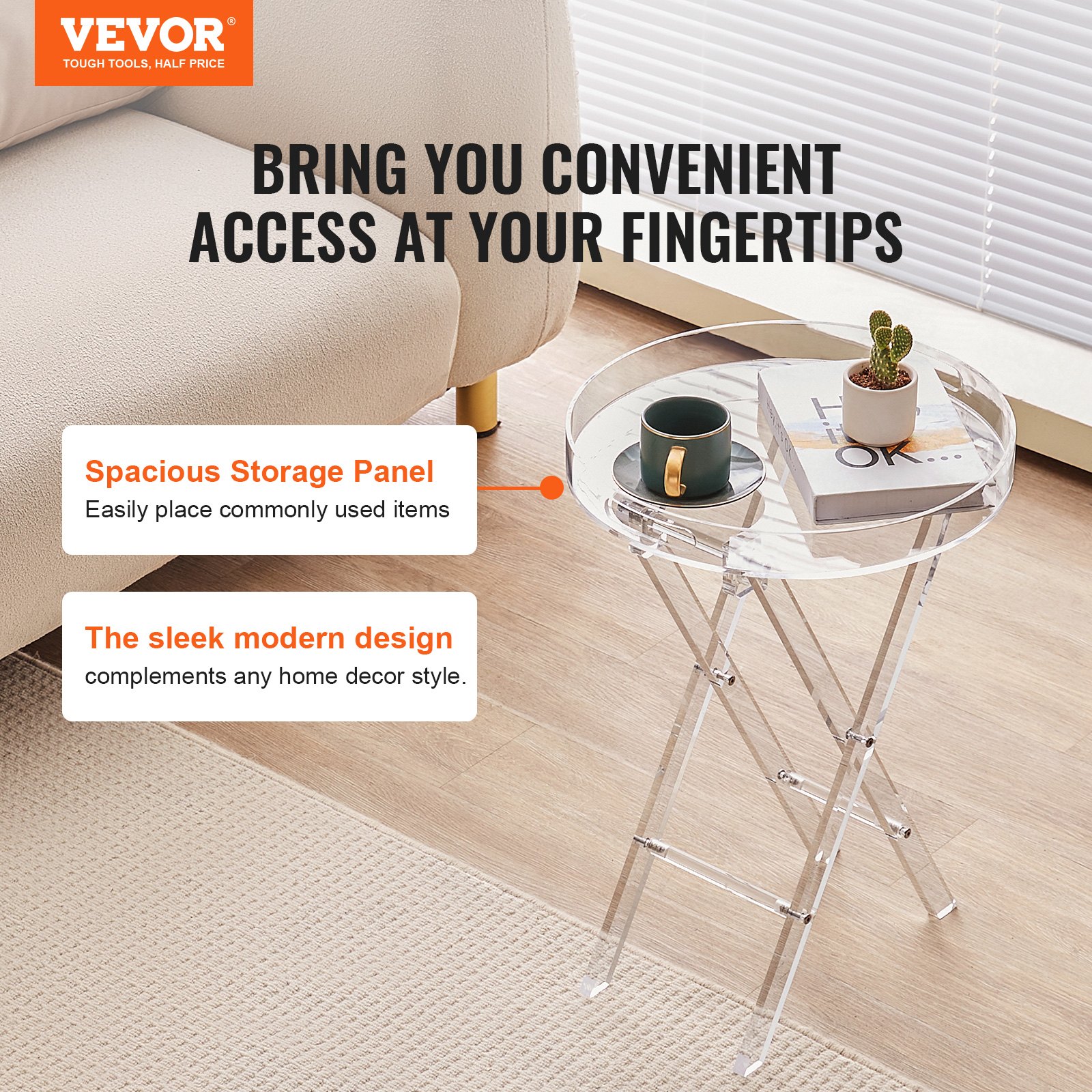 VEVOR Acrylic Folding Tray Table, Acrylic End Table with Folding X Leg, Clear Acrylic Side Table for Coffee, Drink, Food, Snack used in Living Room, Bedroom, and Study