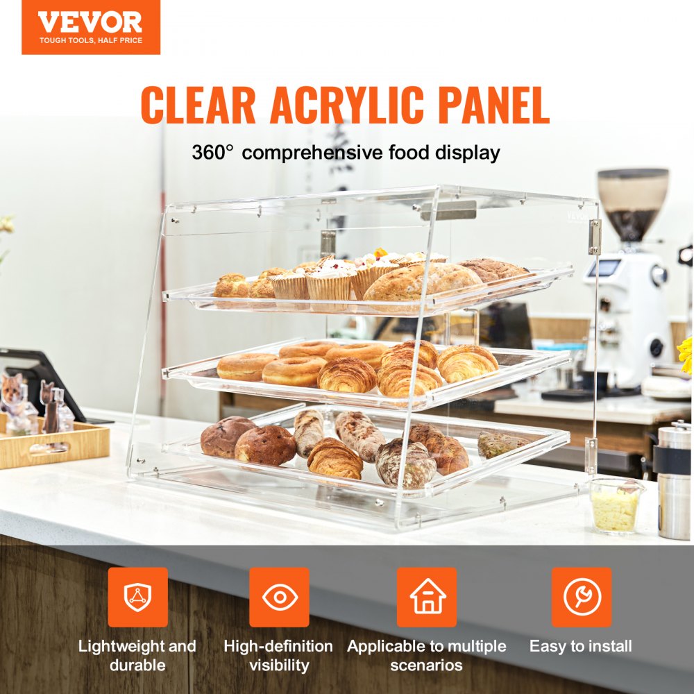 VEVOR 3-laags gebaksvitrine, commerciële bakkerijvitrine 526 x 430 x 415 mm, bakkerijvitrine, acryl vitrine met toegang via achterdeur en uitneembare schappen, voor donuts, bagels, cakes, koekjes, enz.