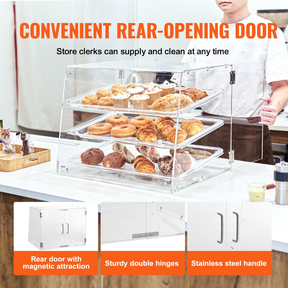 VEVOR 3-laags gebaksvitrine, commerciële bakkerijvitrine 526 x 430 x 415 mm, bakkerijvitrine, acryl vitrine met toegang via achterdeur en uitneembare schappen, voor donuts, bagels, cakes, koekjes, enz.
