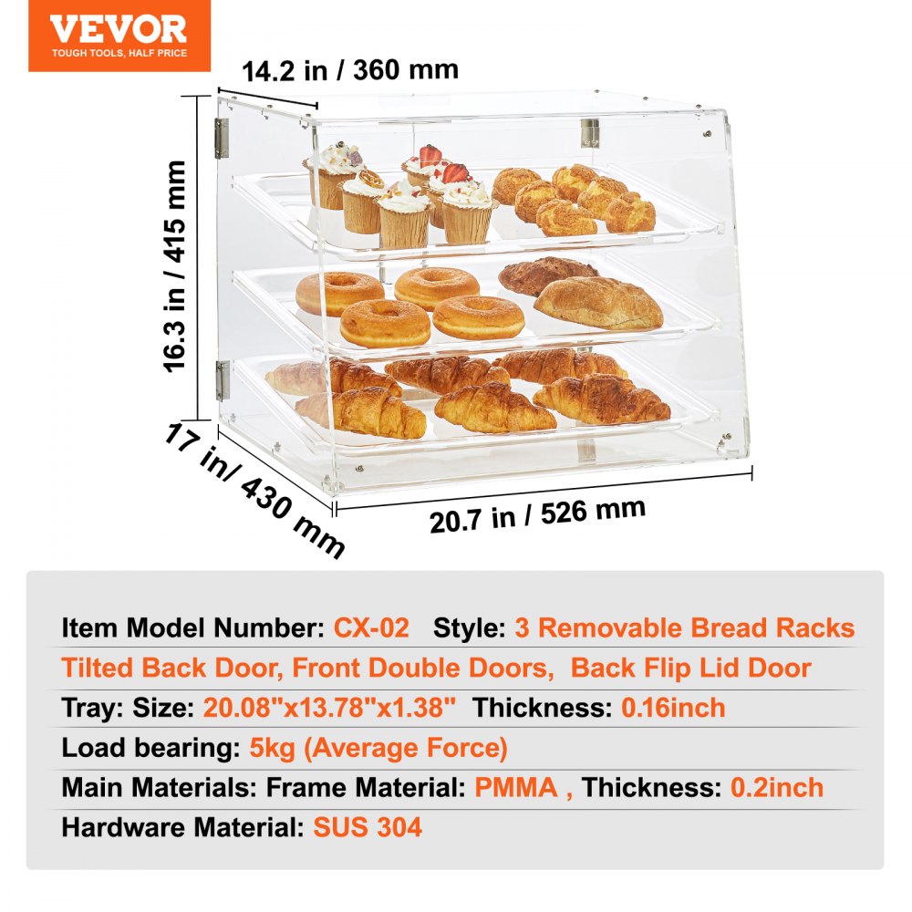 VEVOR 3-laags gebaksvitrine, commerciële bakkerijvitrine 526 x 430 x 415 mm, bakkerijvitrine, acryl vitrine met toegang via achterdeur en uitneembare schappen, voor donuts, bagels, cakes, koekjes, enz.