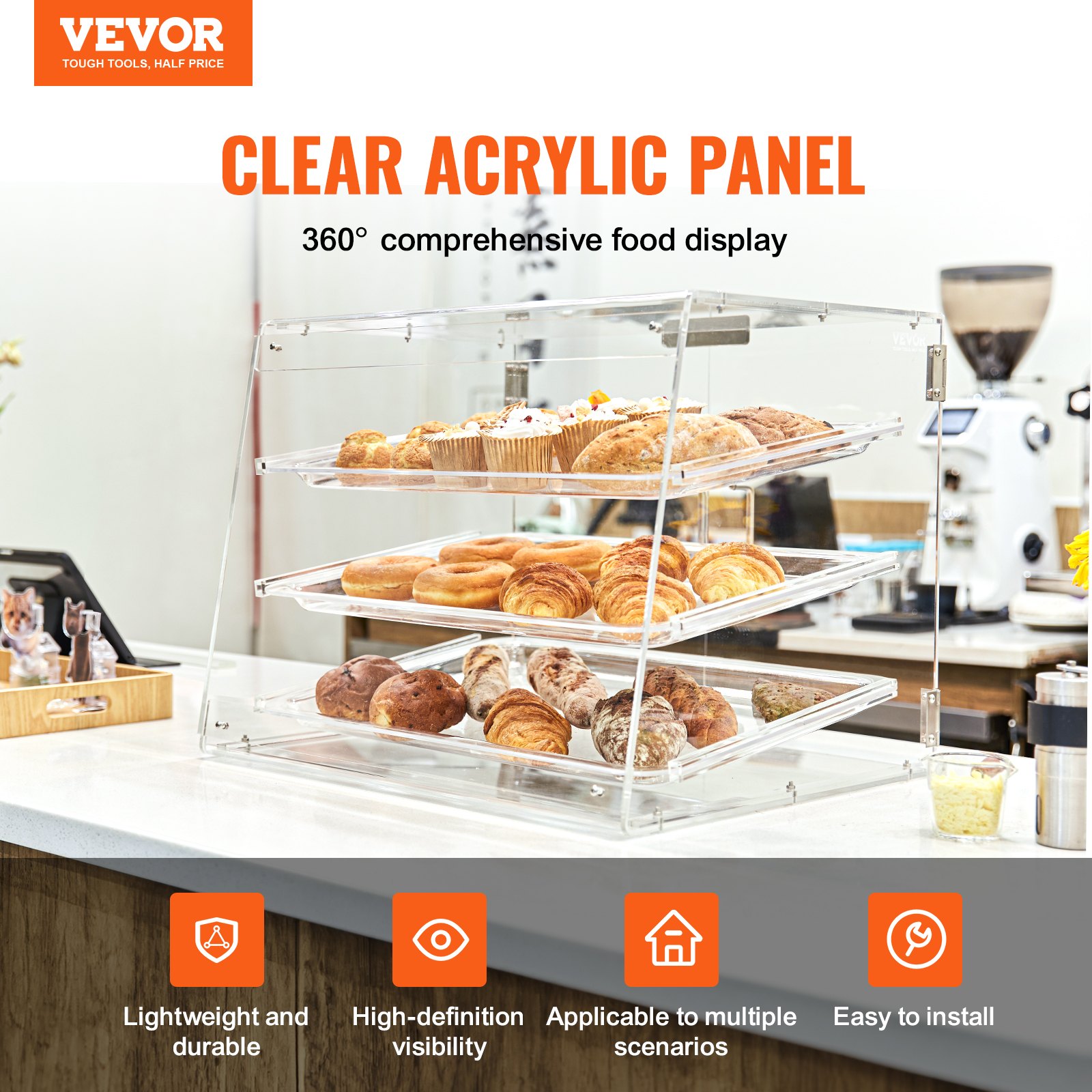 VEVOR 3-laags gebaksvitrine, commerciële bakkerijvitrine 526 x 430 x 415 mm, bakkerijvitrine, acryl vitrine met toegang via achterdeur en uitneembare schappen, voor donuts, bagels, cakes, koekjes, enz.