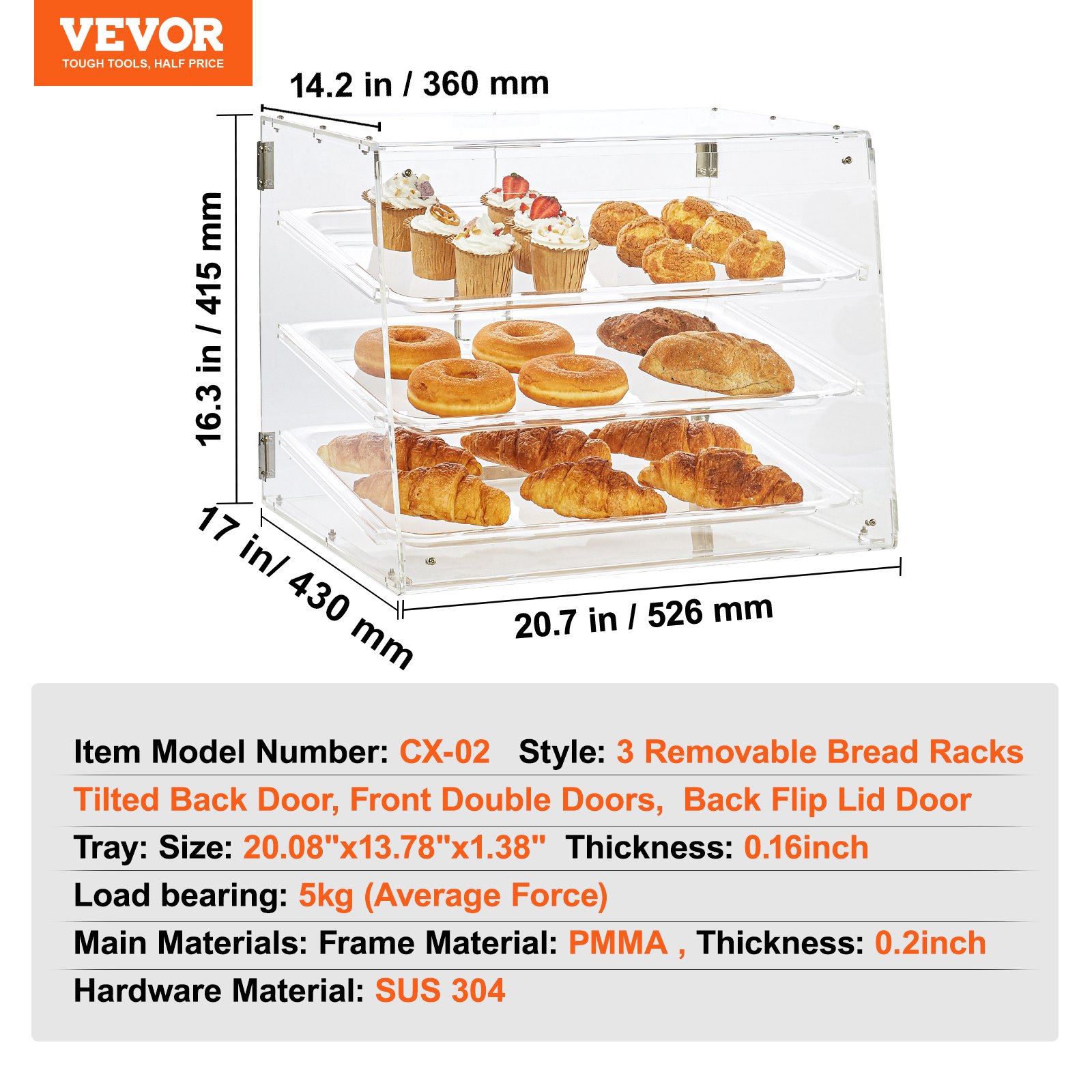 VEVOR 3-laags gebaksvitrine, commerciële bakkerijvitrine 526 x 430 x 415 mm, bakkerijvitrine, acryl vitrine met toegang via achterdeur en uitneembare schappen, voor donuts, bagels, cakes, koekjes, enz.
