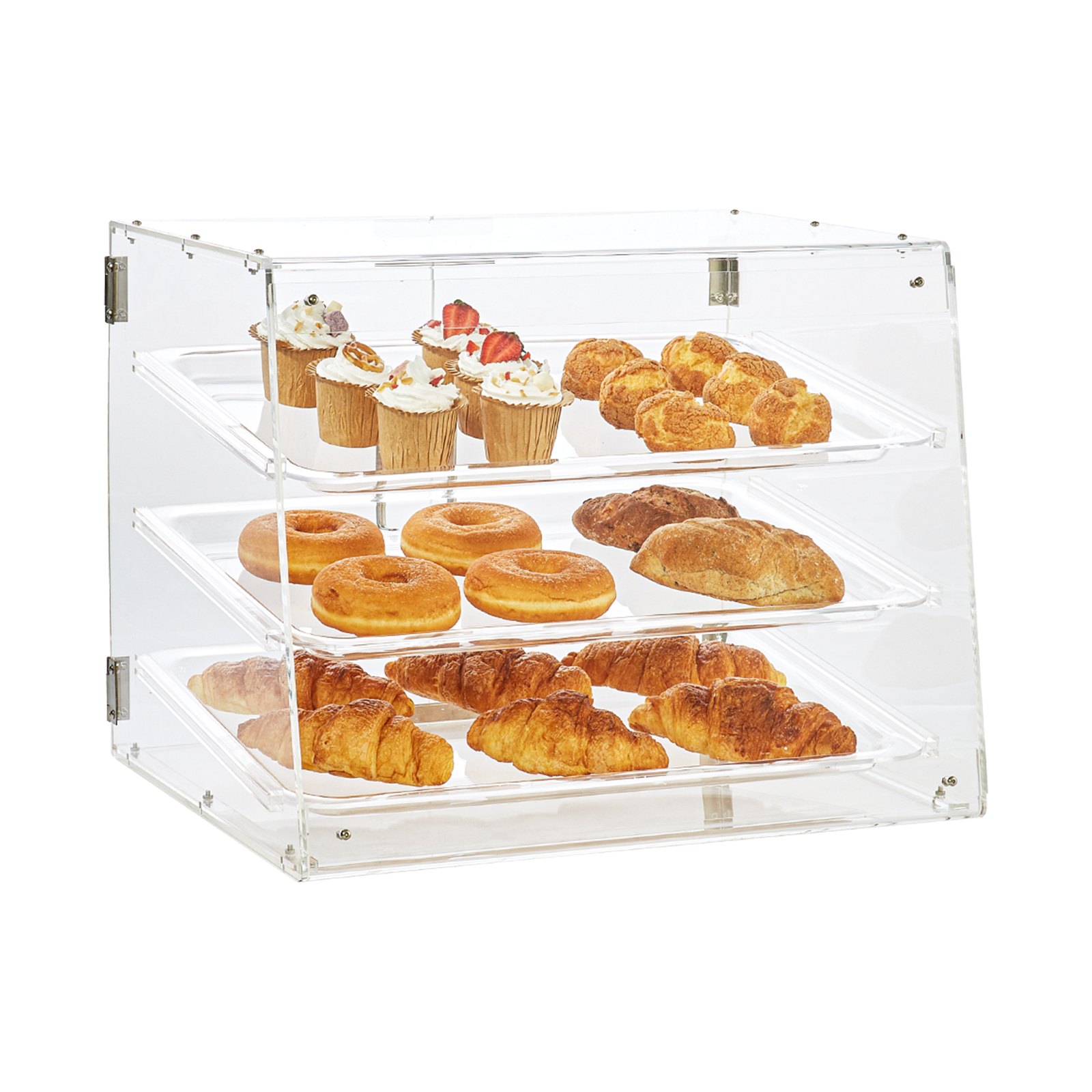 VEVOR 3-laags gebaksvitrine, commerciële bakkerijvitrine 526 x 430 x 415 mm, bakkerijvitrine, acryl vitrine met toegang via achterdeur en uitneembare schappen, voor donuts, bagels, cakes, koekjes, enz.