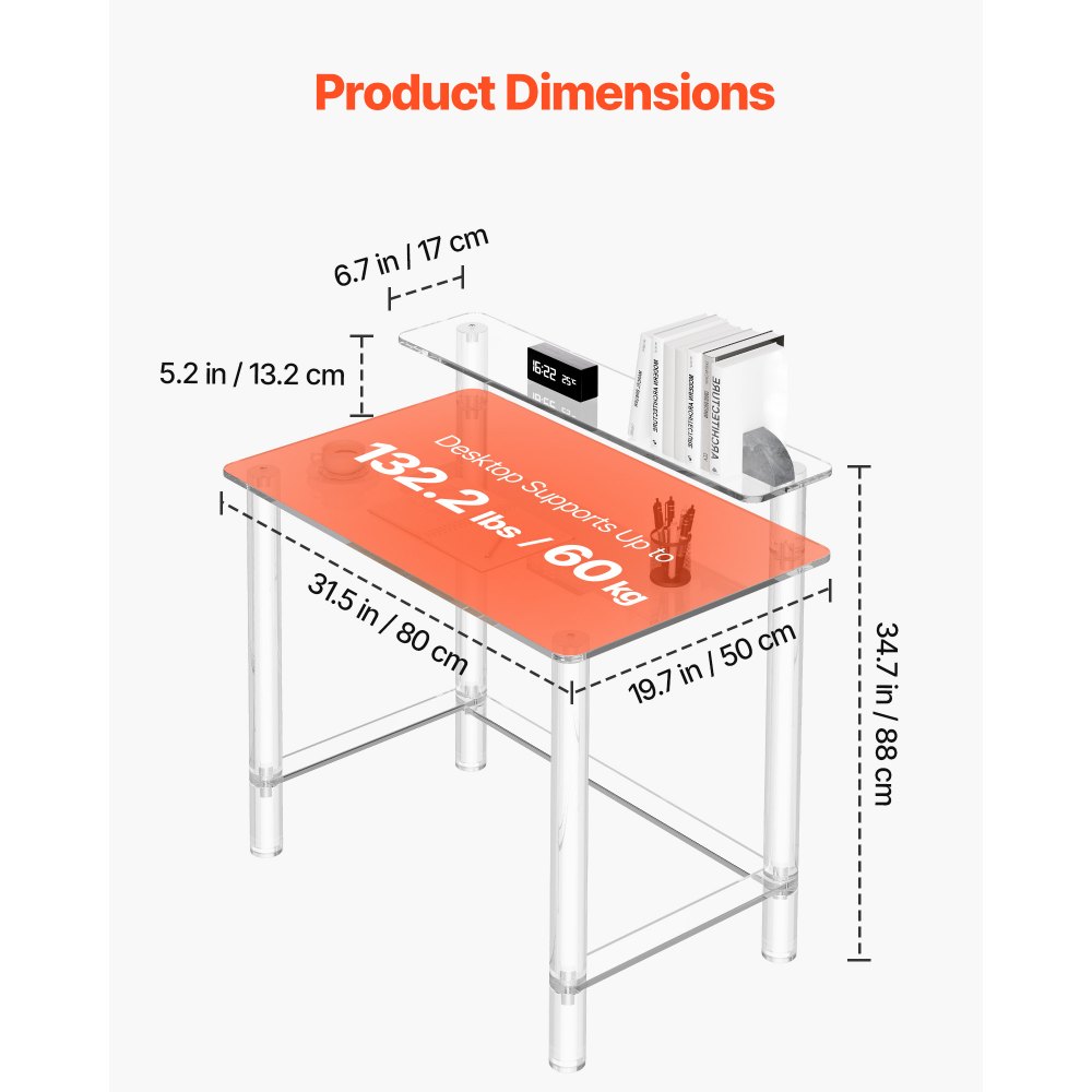 VEVOR Acryl Computerbureau 2-laags Kantoortafel met Monitorstandaard, Modern Bureau (draagvermogen 60 kg) voor Slaapkamer Kantoor Studeerkamer Garderobekast, 50 x 80 x 88 cm (Transparant)