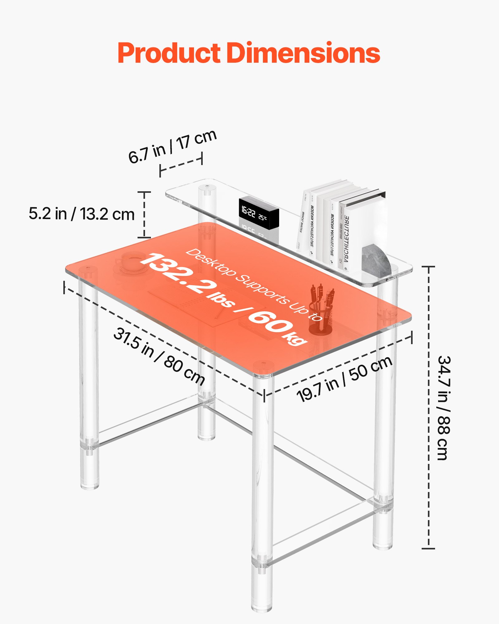 VEVOR Acryl Computerbureau 2-laags Kantoortafel met Monitorstandaard, Modern Bureau (draagvermogen 60 kg) voor Slaapkamer Kantoor Studeerkamer Garderobekast, 50 x 80 x 88 cm (Transparant)