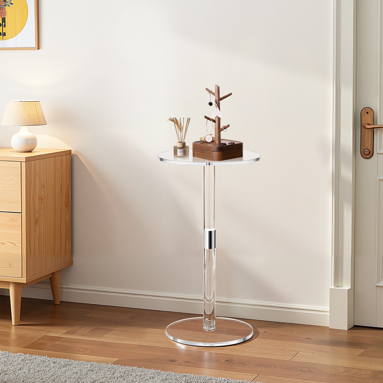 VEVOR Acrylic Drink Table, Clear End Table Round Top with Solid Post, Modern Acrylic Cake Table Stand, Transparent Side Desk for Coffee, Drink, Food, Snack, Easy Assembly, 25.4 x 25.4 x 54 cm (Clear)