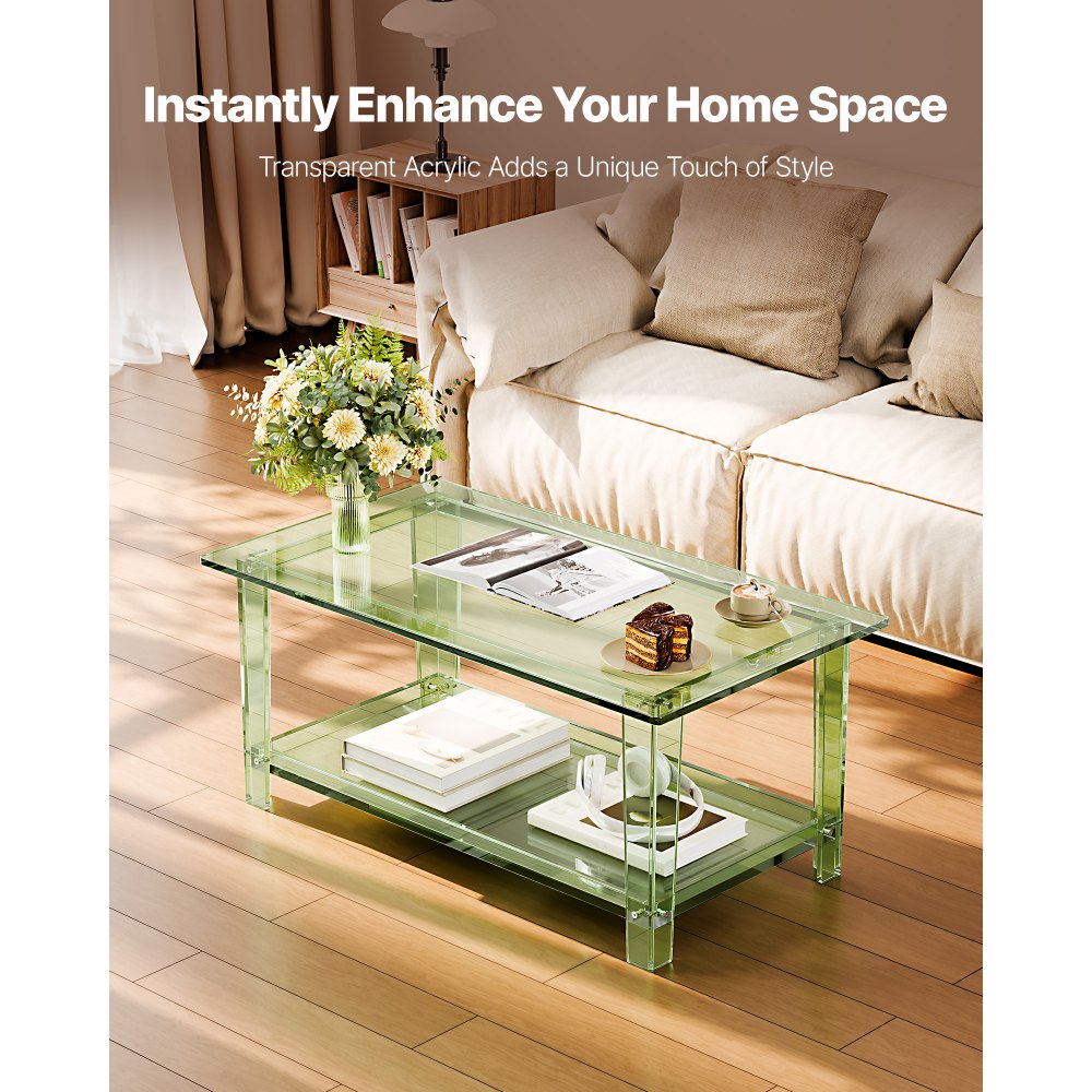 VEVOR Acrylic Coffee Table, 2 Tiers Center Table with Storage Shelf, Modern Rectangle Acrylic Coffee Desk, Ideal for Dining Room, Kitchen Island, Restaurant, Office, 50 x 80 x 40 cm (Green)