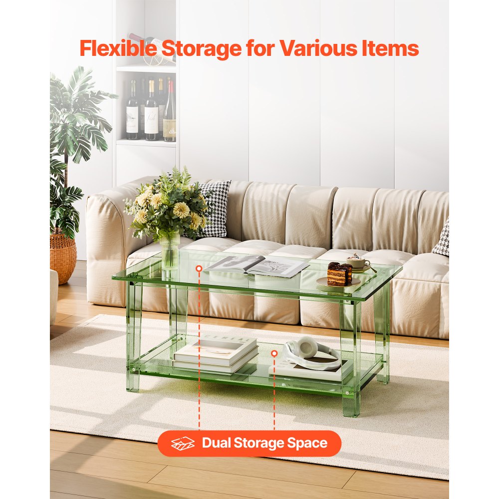 VEVOR Acrylic Coffee Table, 2 Tiers Center Table with Storage Shelf, Modern Rectangle Acrylic Coffee Desk, Ideal for Dining Room, Kitchen Island, Restaurant, Office, 50 x 80 x 40 cm (Green)