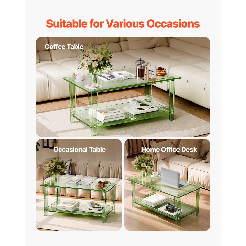 VEVOR Acrylic Coffee Table, 2 Tiers Center Table with Storage Shelf, Modern Rectangle Acrylic Coffee Desk, Ideal for Dining Room, Kitchen Island, Restaurant, Office, 50 x 80 x 40 cm (Green)