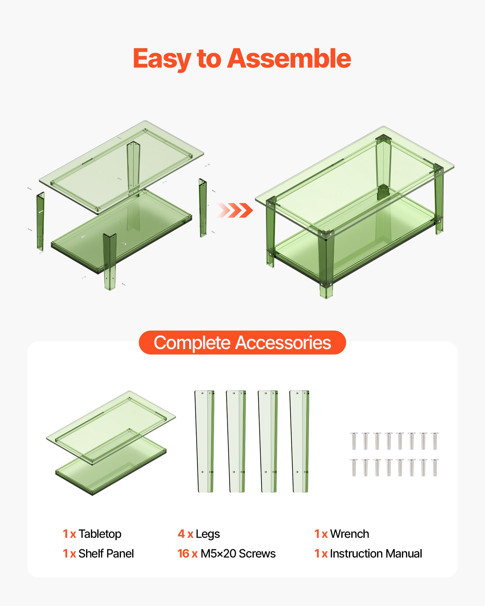 VEVOR Acrylic Coffee Table, 2 Tiers Center Table with Storage Shelf, Modern Rectangle Acrylic Coffee Desk, Ideal for Dining Room, Kitchen Island, Restaurant, Office, 50 x 80 x 40 cm (Green)