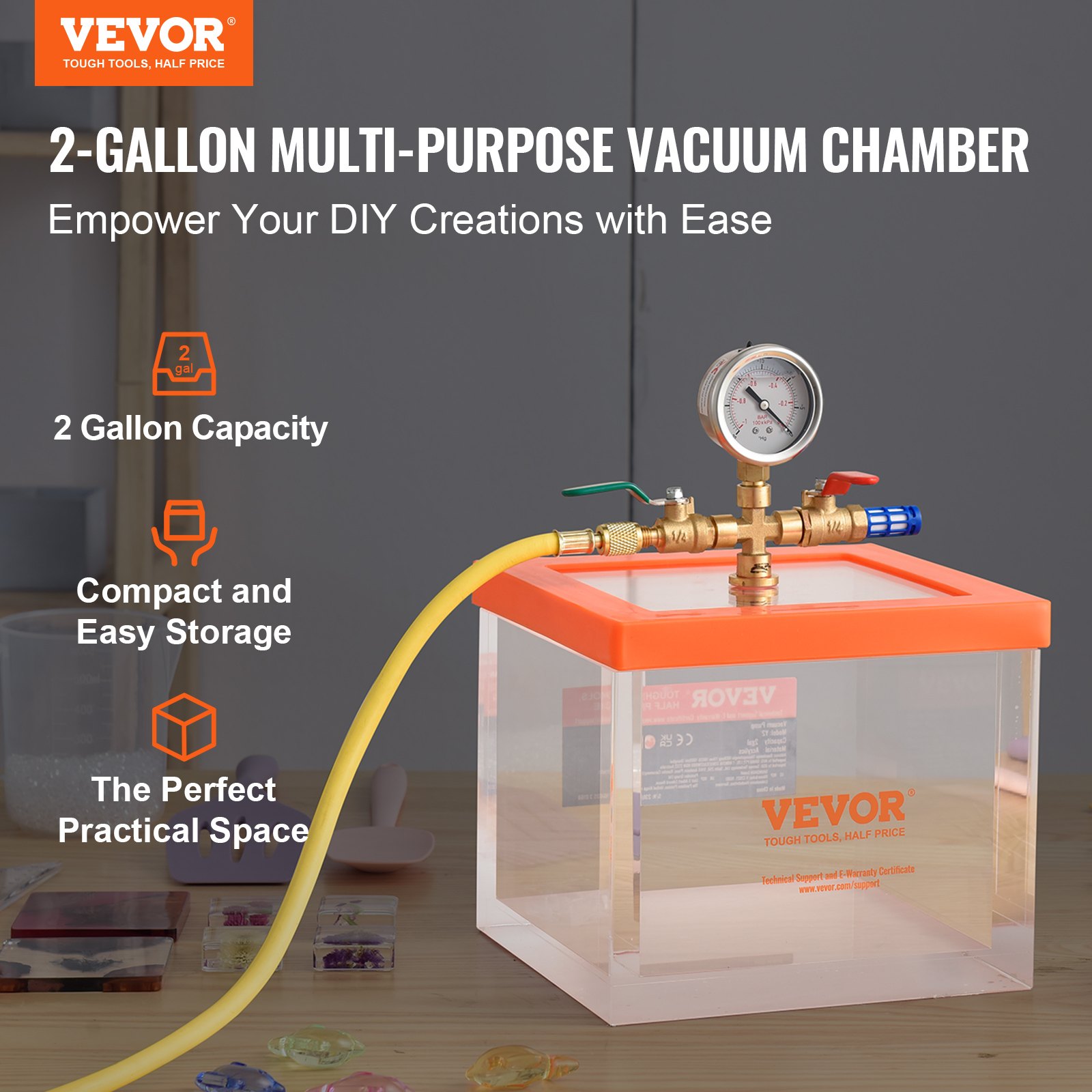 VEVOR 2 Gallon vacuümkamer, verbeterde multifunctionele acryl vacuümontgassingskamer, transparante vacuümkamer, voor harsontgassing, silicagelontgassing, gipsontgassing en vacuümextractie