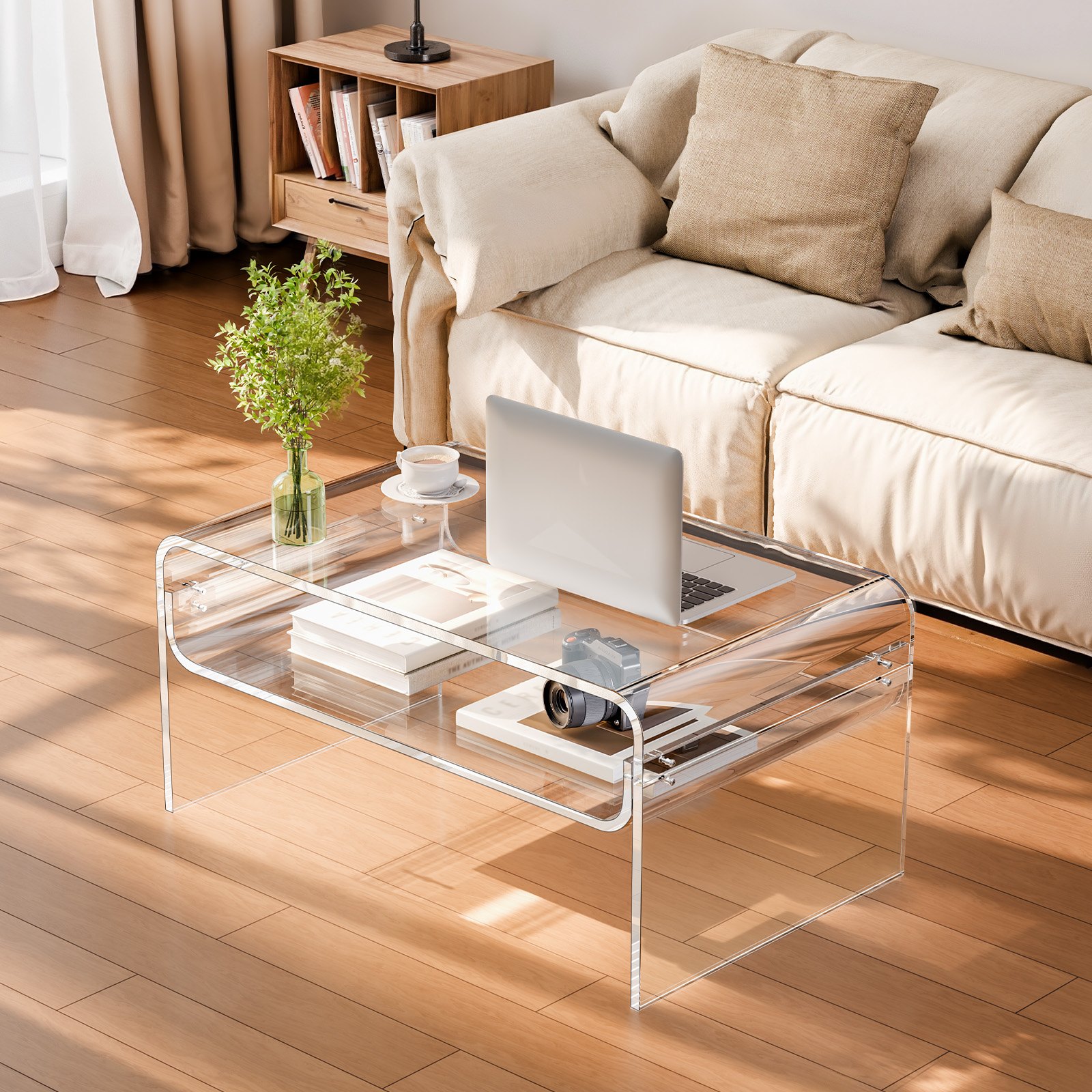 VEVOR Salontafel, bijzettafel, 2-laags salontafel met opbergplank, moderne rechthoekige salontafel van acryl, ideaal voor eetkamer, kookeiland, restaurant, kantoor, 50 x 80 x 38 cm (transparant)