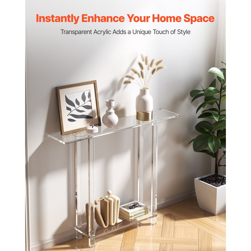 VEVOR Consoletafel, Acryl Bijzettafel met 2 Niveaus en Open Opbergruimte eronder, Moderne Rechthoekige Bijzettafel, Transparante Entreetafel voor Hal, 19,3 x 100 x 80 cm (Doorzichtig)