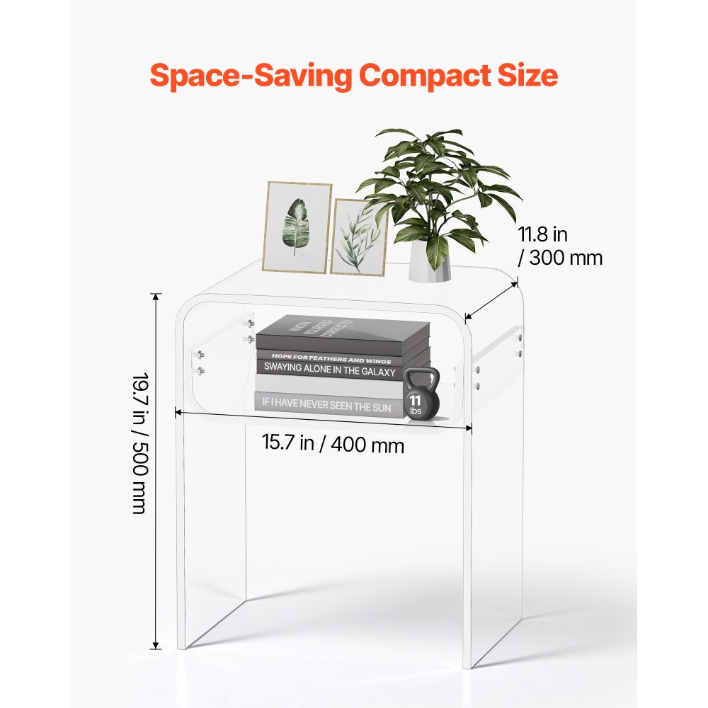 VEVOR Acrylic Side Table, 2 Tiers Clear Bedside Table with Storage Shelf, Modern Rectangle Acrylic End Desk, Transparent Thick Nightstand for Bedroom, Living Room, Study, 30 x 40 x 50 cm (Clear)