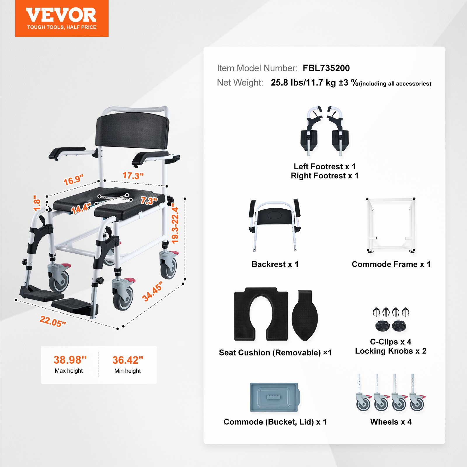 VEVOR Douche-toiletrolstoel met 4 vergrendelbare wielen, voetsteunen, opvouwbare armleuningen, in hoogte verstelbaar op 3 niveaus, verwijderbare emmer van 5 liter, capaciteit van 158,8 kg, toiletstoel