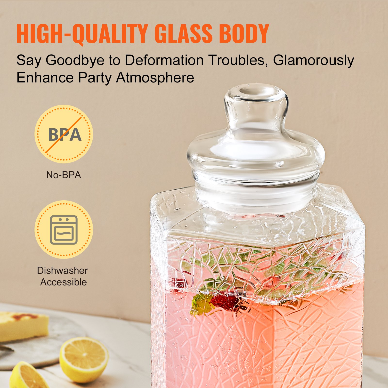 VEVOR Beverage Dispenser, 2.5 Gallon Drink Dispensers for Parties, Glass Juice Dispenser with Stand, Stainless Steel Spigot, Iced Tea Lemonade Juice Water Dispenser, for Restaurants, Hotels, Parties