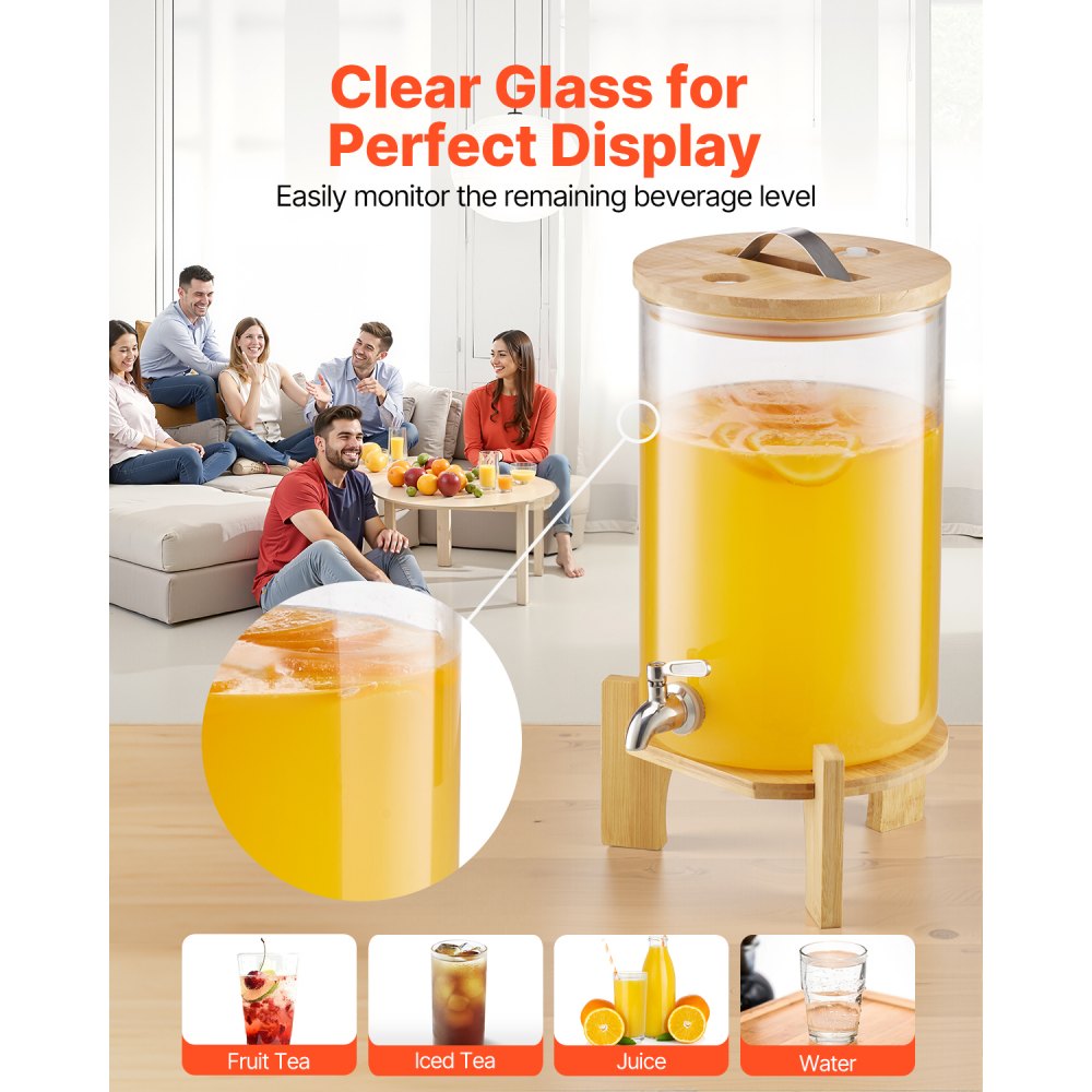 VEVOR Drankdispenser (1 x 8 L) voor Feesten Sapdispenser (gemaakt van glas) met druppelvrije kraan en houten standaard, waterdispenser voor restaurants en feesten, limonade, ijsthee en zelfgemaakte drankendispenser