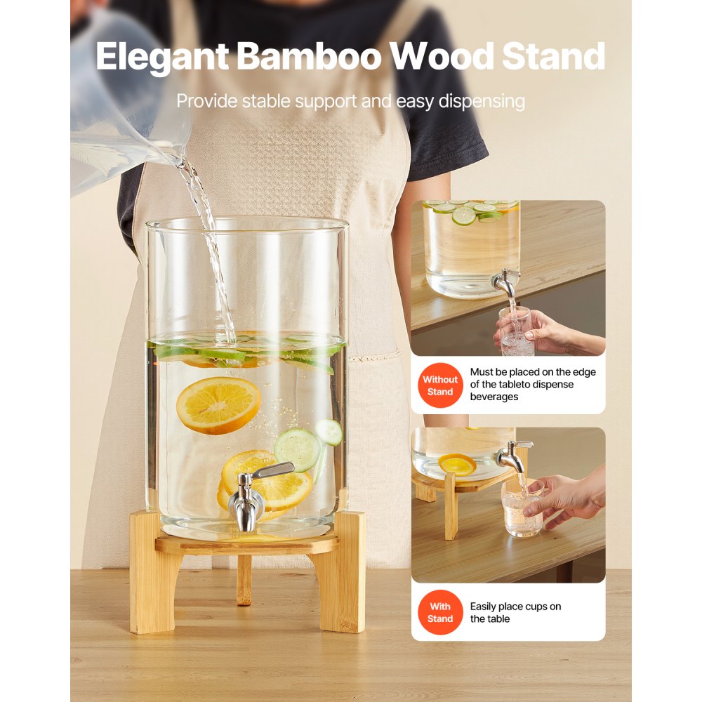 VEVOR Drankdispenser (1 x 8 L) voor Feesten Sapdispenser (gemaakt van glas) met druppelvrije kraan en houten standaard, waterdispenser voor restaurants en feesten, limonade, ijsthee en zelfgemaakte drankendispenser