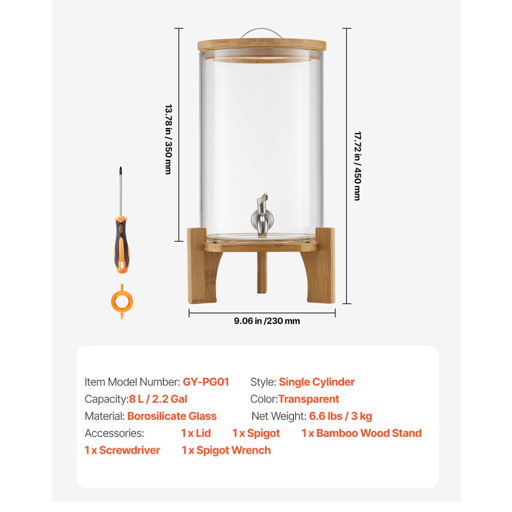 VEVOR Drankdispenser (1 x 8 L) voor Feesten Sapdispenser (gemaakt van glas) met druppelvrije kraan en houten standaard, waterdispenser voor restaurants en feesten, limonade, ijsthee en zelfgemaakte drankendispenser