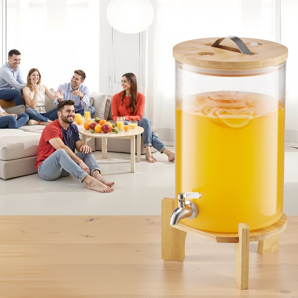 VEVOR Drankdispenser (1 x 8 L) voor Feesten Sapdispenser (gemaakt van glas) met druppelvrije kraan en houten standaard, waterdispenser voor restaurants en feesten, limonade, ijsthee en zelfgemaakte drankendispenser