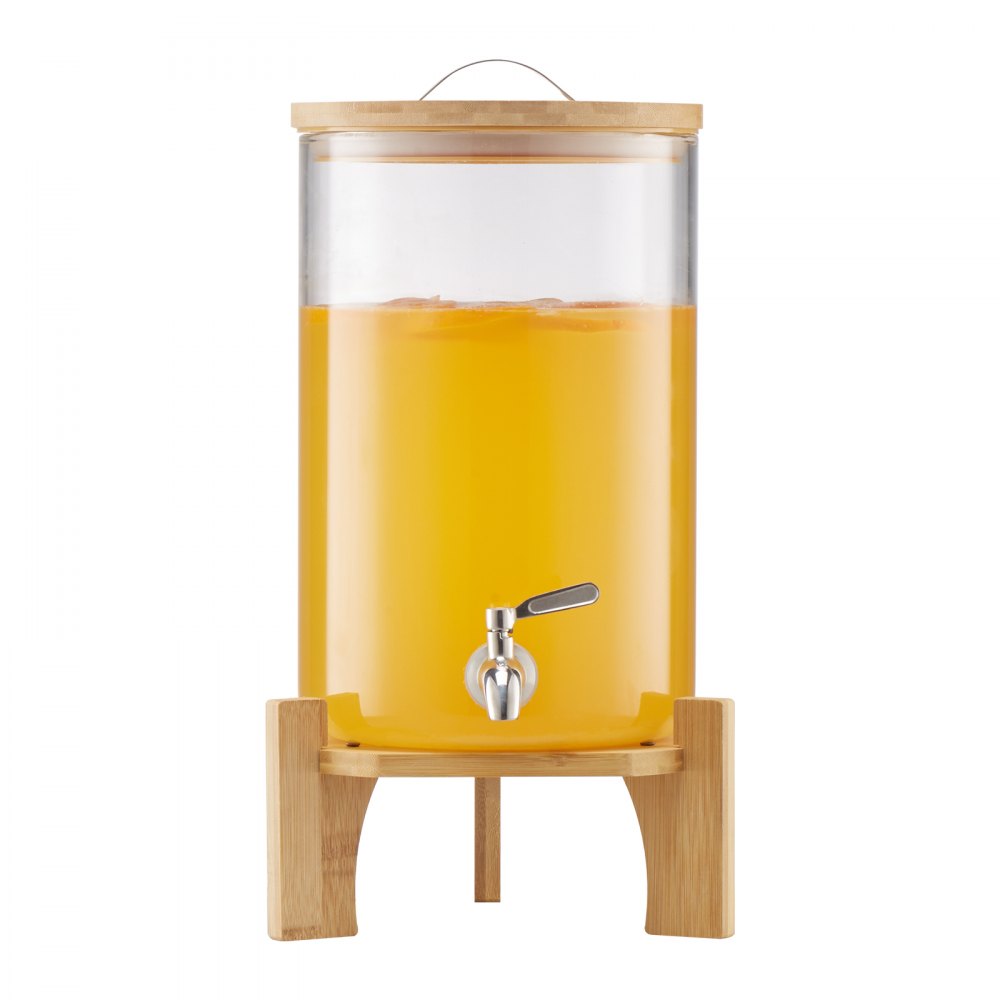 VEVOR Drankdispenser (1 x 8 L) voor Feesten Sapdispenser (gemaakt van glas) met druppelvrije kraan en houten standaard, waterdispenser voor restaurants en feesten, limonade, ijsthee en zelfgemaakte drankendispenser