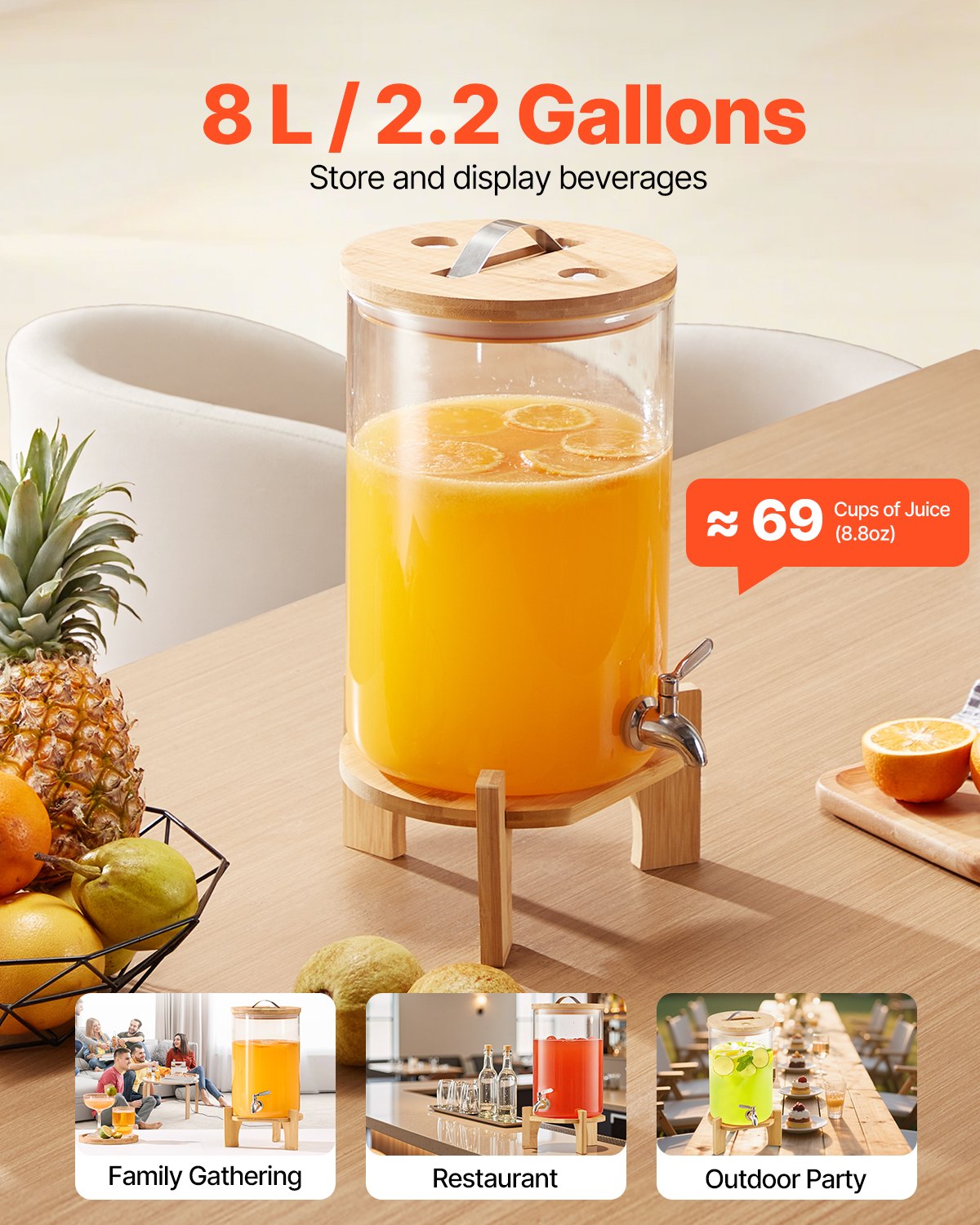 VEVOR Drankdispenser (1 x 8 L) voor Feesten Sapdispenser (gemaakt van glas) met druppelvrije kraan en houten standaard, waterdispenser voor restaurants en feesten, limonade, ijsthee en zelfgemaakte drankendispenser