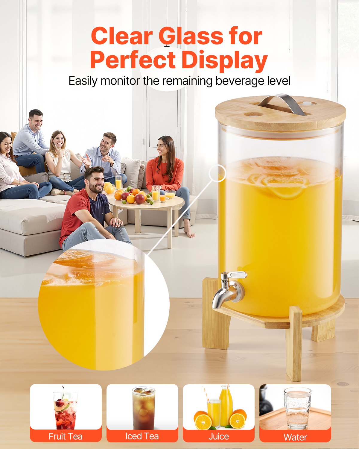 VEVOR Drankdispenser (1 x 8 L) voor Feesten Sapdispenser (gemaakt van glas) met druppelvrije kraan en houten standaard, waterdispenser voor restaurants en feesten, limonade, ijsthee en zelfgemaakte drankendispenser