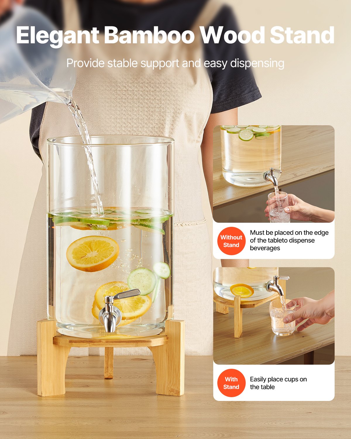 VEVOR Drankdispenser (1 x 8 L) voor Feesten Sapdispenser (gemaakt van glas) met druppelvrije kraan en houten standaard, waterdispenser voor restaurants en feesten, limonade, ijsthee en zelfgemaakte drankendispenser