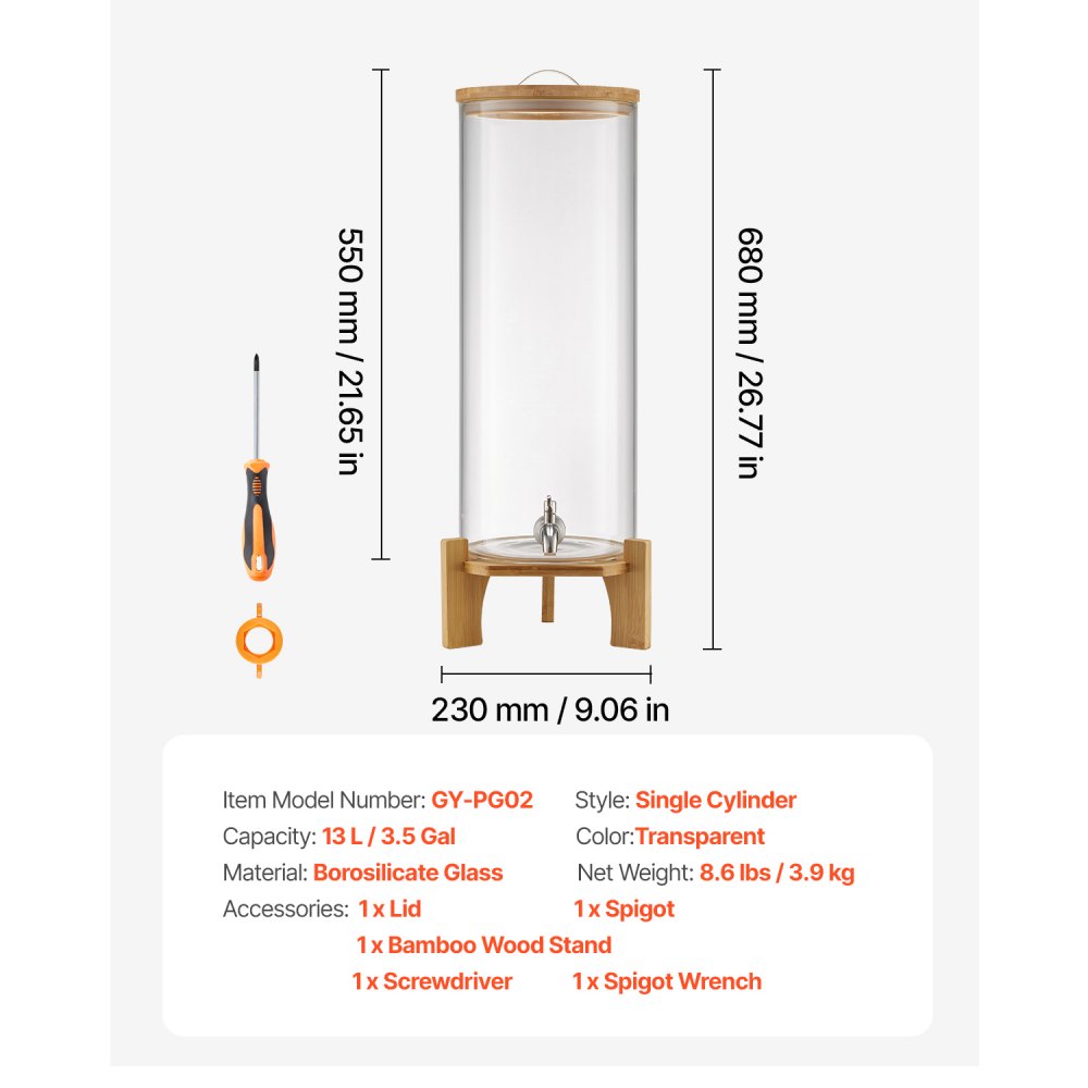 VEVOR Drankdispenser (1 x 13 L) voor Feesten Sapdispenser (gemaakt van glas) met Houten Standaard & Kraanwaterdispenser voor Restaurants Feesten, Limonade IJsthee Zelfgemaakte Drankdispenser