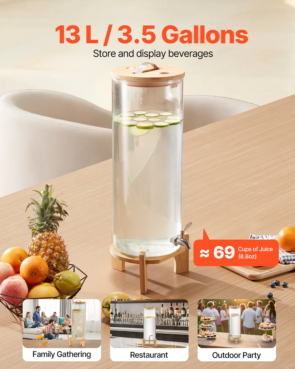 VEVOR Drankdispenser (1 x 13 L) voor Feesten Sapdispenser (gemaakt van glas) met Houten Standaard & Kraanwaterdispenser voor Restaurants Feesten, Limonade IJsthee Zelfgemaakte Drankdispenser