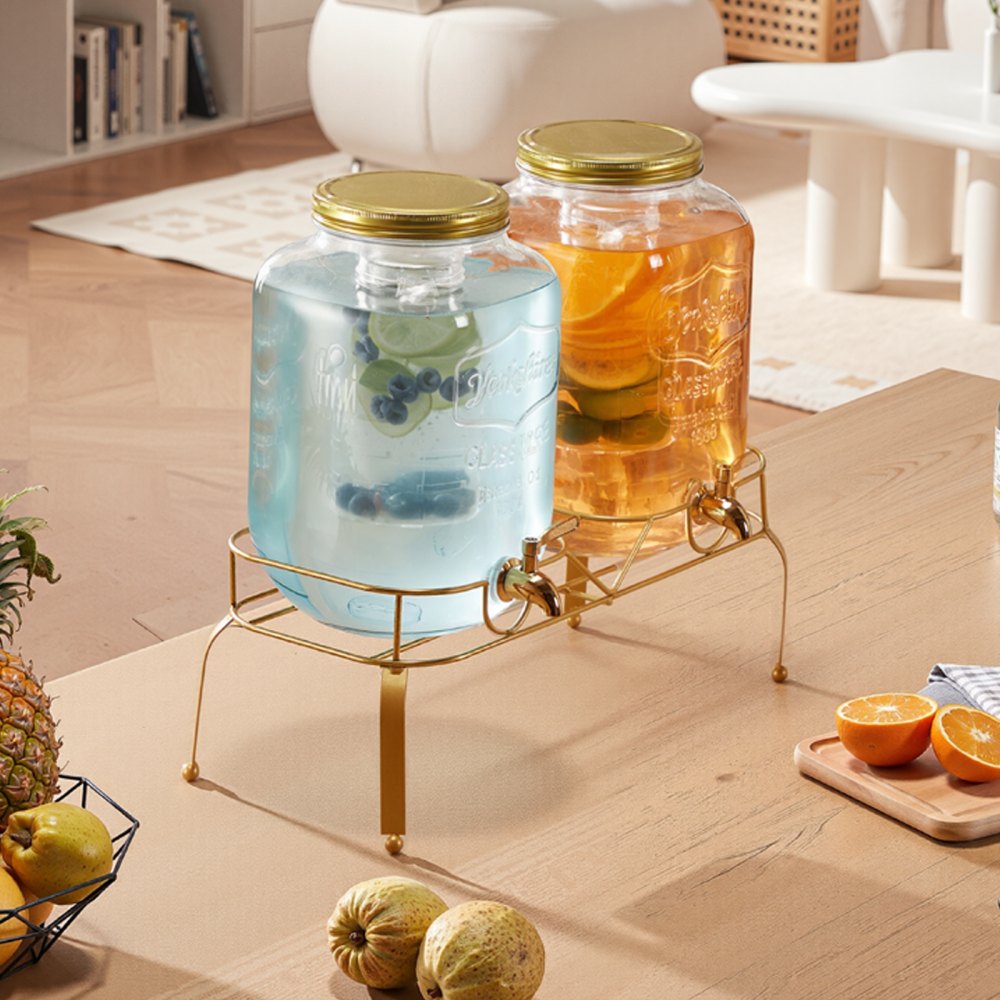 VEVOR Beverage Dispenser, 2 Pack 8L Drink Dispensers for Parties, Glass Juice Dispenser with Metal Stand, Stainless Steel Spigot, Infuser, Iced Tea Lemonade Juice Water Dispensers for Parties