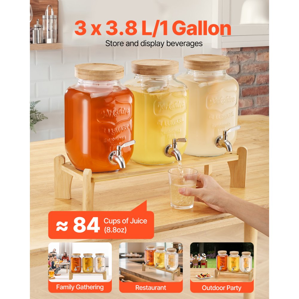 VEVOR Drankdispenser (3 x 3,8 L) voor Feesten Sapdispenser (gemaakt van glas) met druppelvrije kraan en houten standaard Waterdispenser voor restaurants, feesten, limonade, ijsthee, zelfgemaakte drankdispenser