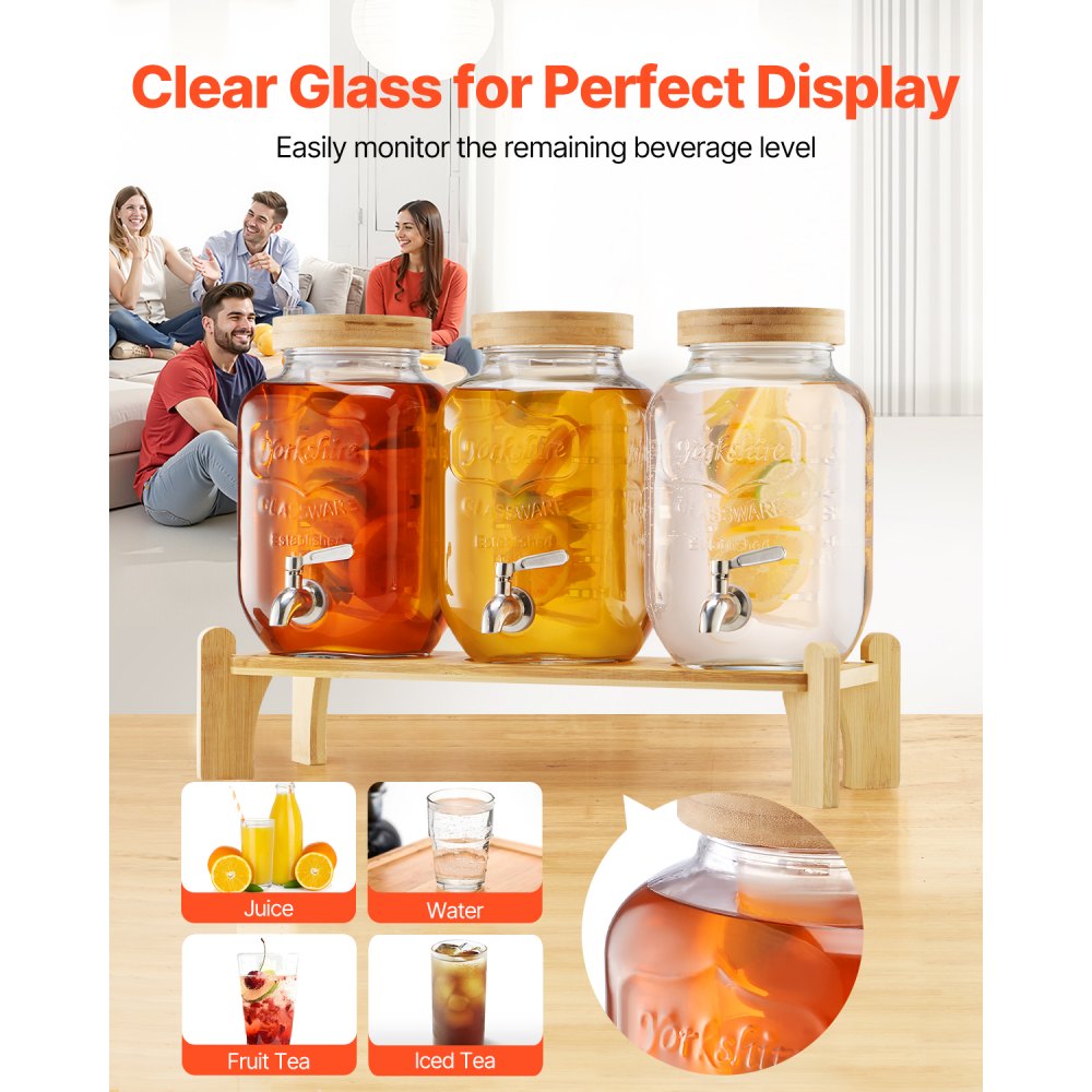 VEVOR Drankdispenser (3 x 3,8 L) voor Feesten Sapdispenser (gemaakt van glas) met druppelvrije kraan en houten standaard Waterdispenser voor restaurants, feesten, limonade, ijsthee, zelfgemaakte drankdispenser
