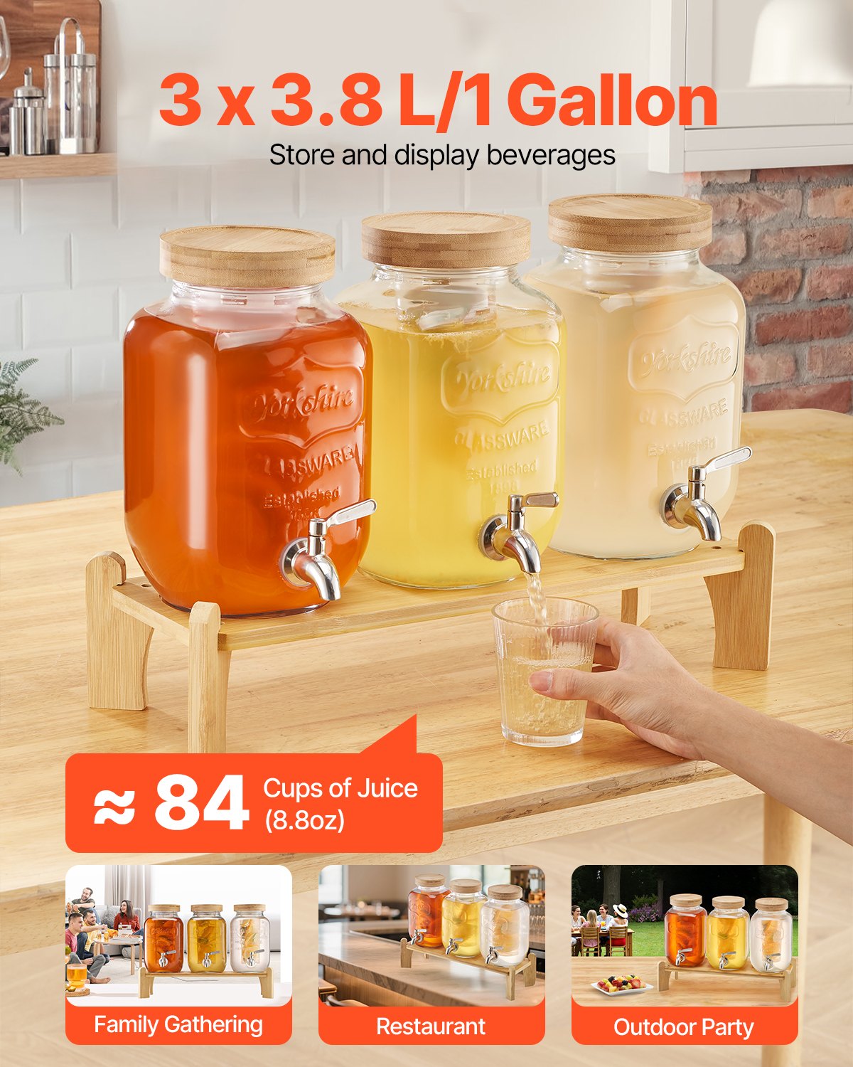 VEVOR Drankdispenser (3 x 3,8 L) voor Feesten Sapdispenser (gemaakt van glas) met druppelvrije kraan en houten standaard Waterdispenser voor restaurants, feesten, limonade, ijsthee, zelfgemaakte drankdispenser