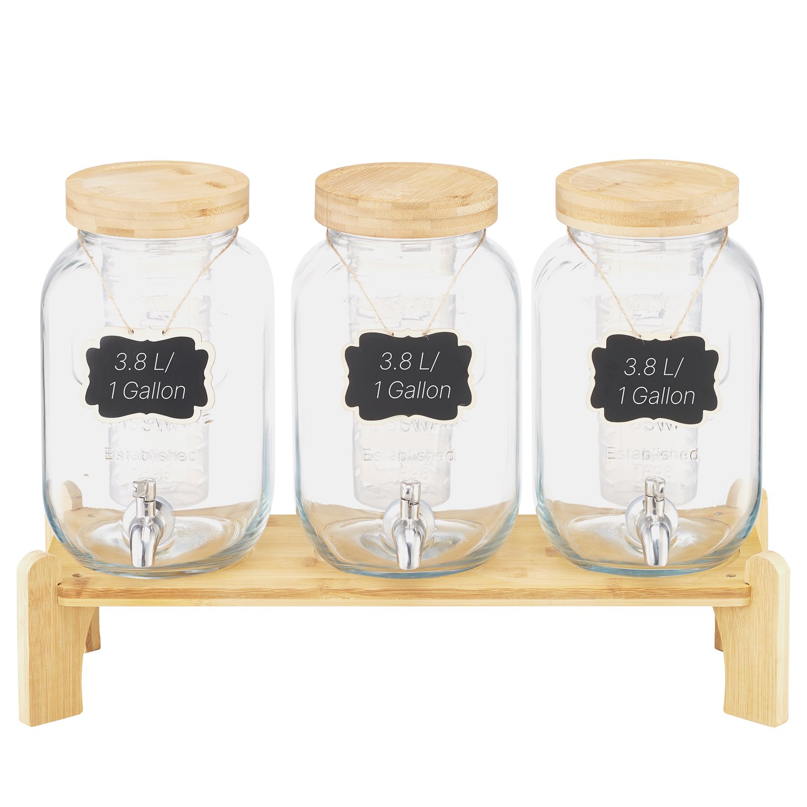 VEVOR Drankdispenser (3 x 3,8 L) voor Feesten Sapdispenser (gemaakt van glas) met druppelvrije kraan en houten standaard Waterdispenser voor restaurants, feesten, limonade, ijsthee, zelfgemaakte drankdispenser