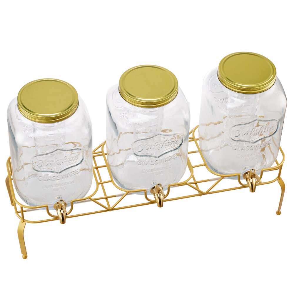 VEVOR Drankdispenser (3 x 8 L) voor Feesten Sapdispenser (gemaakt van glas) met druppelvrije kraan en metalen standaard Waterdispenser voor restaurants, feesten, limonade, ijsthee, zelfgemaakte drankdispenser