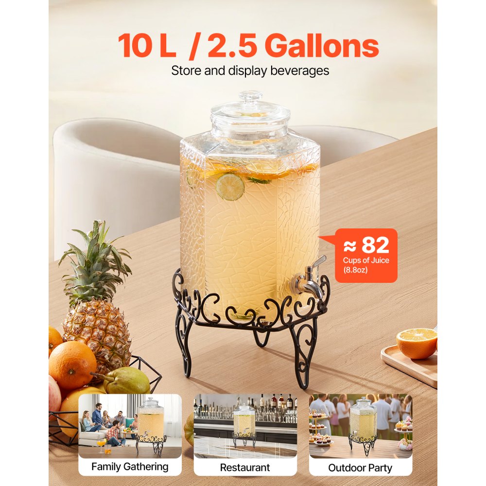 VEVOR Drankdispenser (1 x 10 L) voor Feesten Sapdispenser (gemaakt van glas) met druppelvrije kraan en metalen standaard Waterdispenser voor restaurants en feesten, limonade, ijsthee en zelfgemaakte drankendispenser