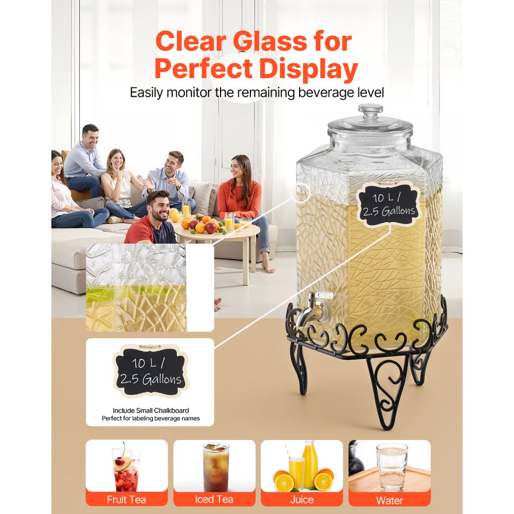 VEVOR Drankdispenser (1 x 10 L) voor Feesten Sapdispenser (gemaakt van glas) met druppelvrije kraan en metalen standaard Waterdispenser voor restaurants en feesten, limonade, ijsthee en zelfgemaakte drankendispenser