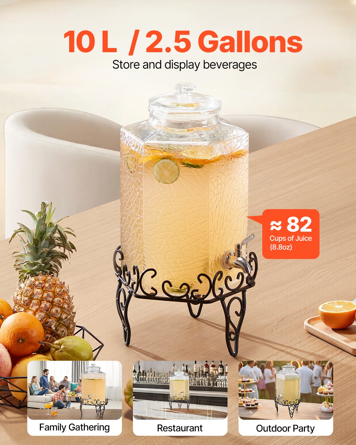 VEVOR Drankdispenser (1 x 10 L) voor Feesten Sapdispenser (gemaakt van glas) met druppelvrije kraan en metalen standaard Waterdispenser voor restaurants en feesten, limonade, ijsthee en zelfgemaakte drankendispenser