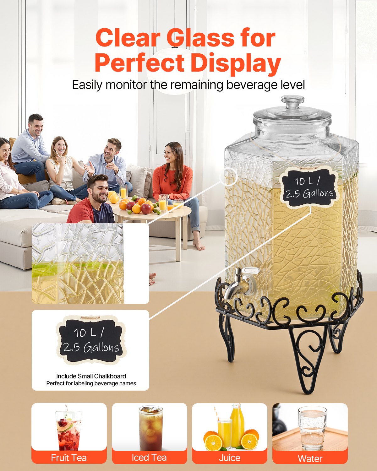 VEVOR Drankdispenser (1 x 10 L) voor Feesten Sapdispenser (gemaakt van glas) met druppelvrije kraan en metalen standaard Waterdispenser voor restaurants en feesten, limonade, ijsthee en zelfgemaakte drankendispenser
