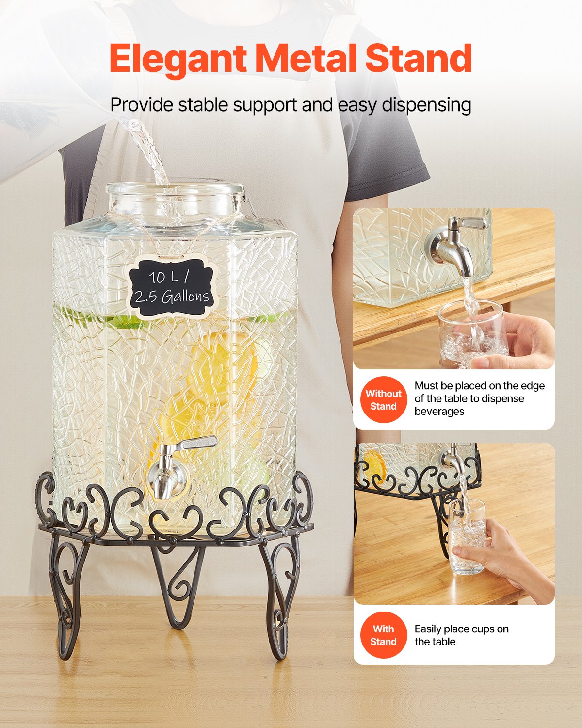 VEVOR Drankdispenser (1 x 10 L) voor Feesten Sapdispenser (gemaakt van glas) met druppelvrije kraan en metalen standaard Waterdispenser voor restaurants en feesten, limonade, ijsthee en zelfgemaakte drankendispenser