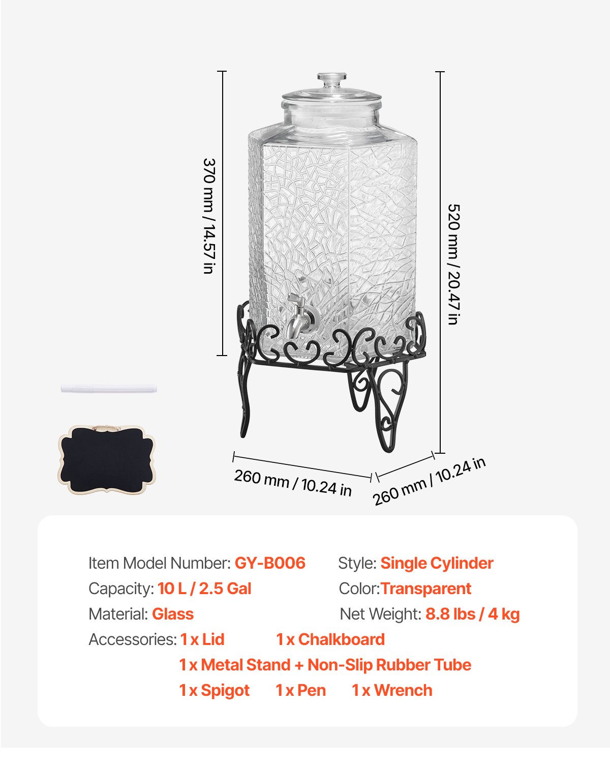 VEVOR Drankdispenser (1 x 10 L) voor Feesten Sapdispenser (gemaakt van glas) met druppelvrije kraan en metalen standaard Waterdispenser voor restaurants en feesten, limonade, ijsthee en zelfgemaakte drankendispenser