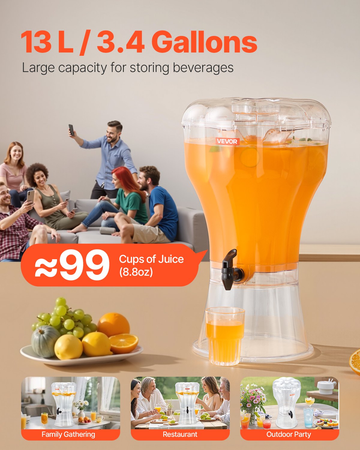 VEVOR Beverage Dispenser, 13L Drink Dispenser for Parties, Plastic Juice Dispensers with No-Drip Spigot, Iced Tea Lemonade Juice Water Dispensers, for Restaurants, Hotels, Parties