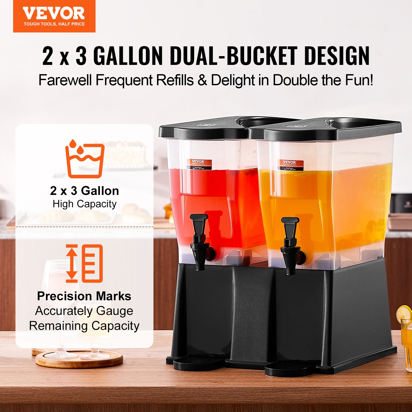 VEVOR Drankdispenser, 11 L x 2 Drankdispensers voor Feesten, Plastic Sapdispenser met Staande Kraandeksel, IJsthee Limonade Sapwaterdispenser, voor Restaurants, Hotels, Feesten