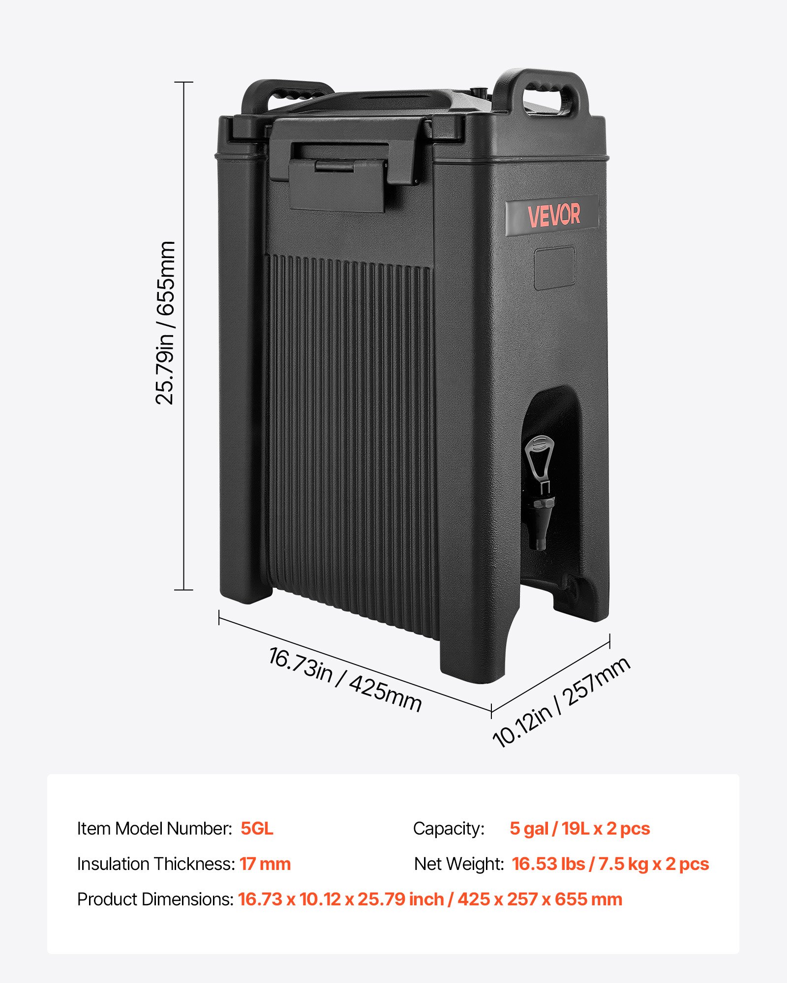 VEVOR Geïsoleerde Drankdispenser 19 L, Warme en Koude Drankdispenser met Kraan en Handvat, Voedselveilige Thermische Drankdispenserkoeler voor Thee, Koffie, Water in Cafés en Restaurants, Zwart